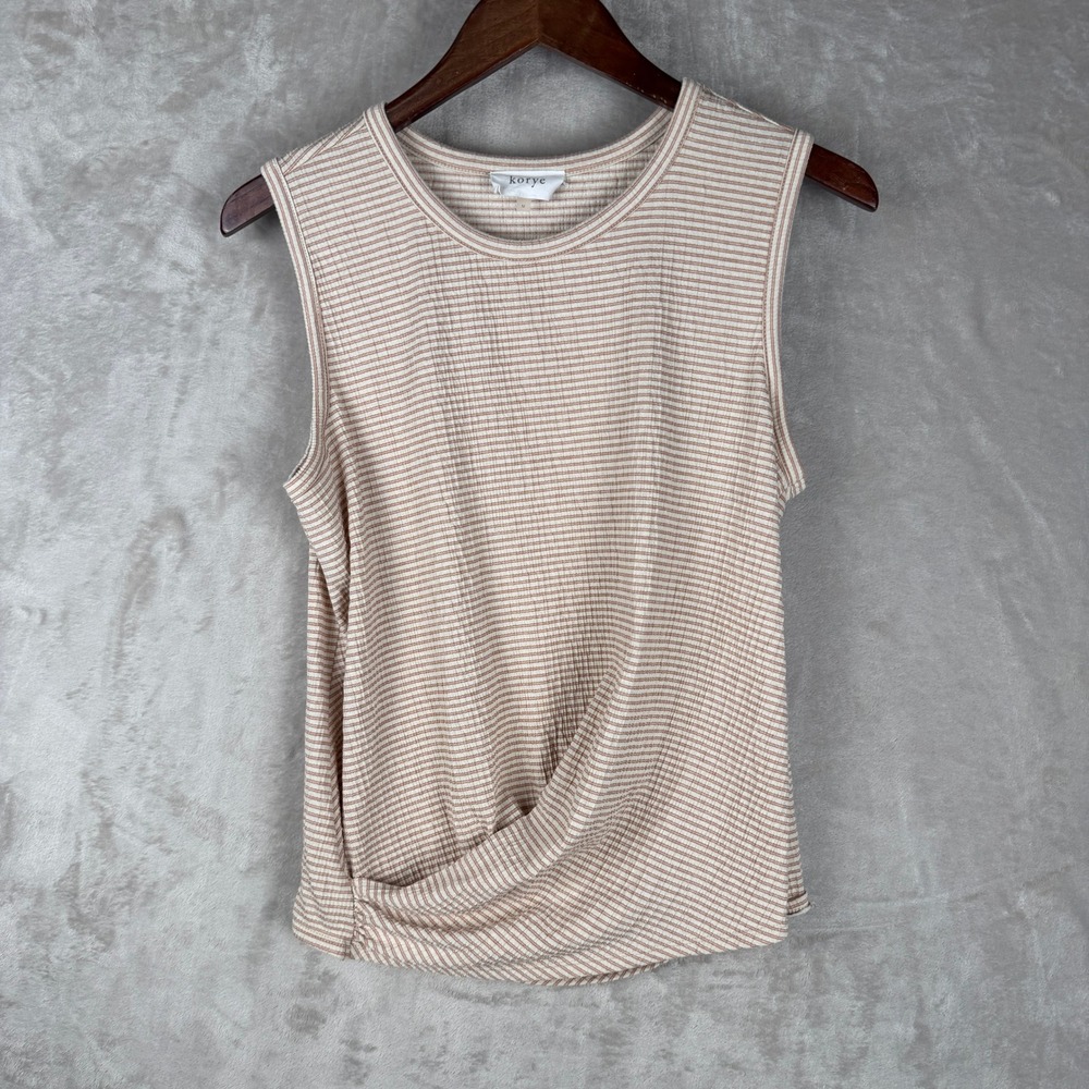 Korye Womens Tan White Striped Ribbed Sleeveless Twisted Front Knot Top Medium